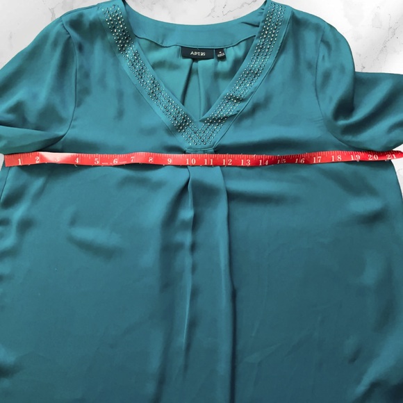 APT. 9 Women's Teal Lucky Shot Embellished V-Neck Satin Blouse Top Size Medium - Picture 12 of 15